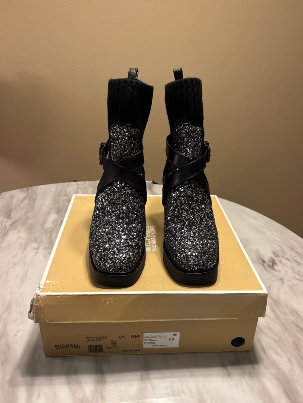 M KORS, Black/Silver sparkle knit booties, new - Picture 2 of 8